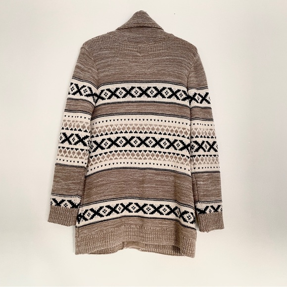 SANSARA Wool Blend Cardigan W's L Nordic Fair Isle Style Shawl Collar Long Line - Picture 3 of 8